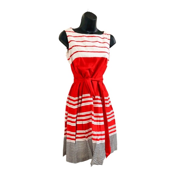 Anne Klein red black white colorblock belted fit & flare sleeveless dress size 2 - Picture 13 of 16